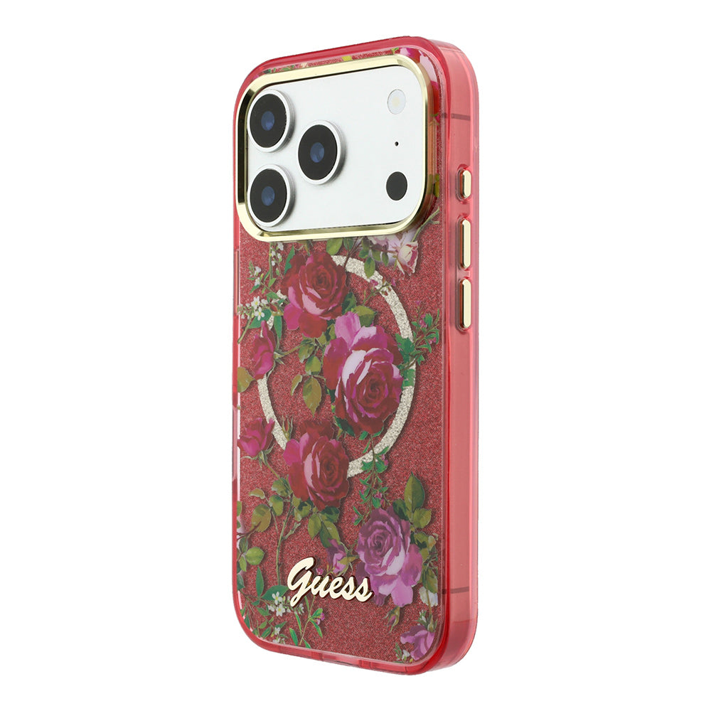 Apple iPhone 18 Pro Max Kılıf Guess Orjinal Lisanslı M-safe Şarj Özellikli Gül Desenli Simli Yazı Logolu Kapak Bordo