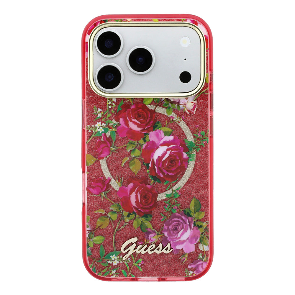 Apple iPhone 18 Pro Max Kılıf Guess Orjinal Lisanslı M-safe Şarj Özellikli Gül Desenli Simli Yazı Logolu Kapak Bordo