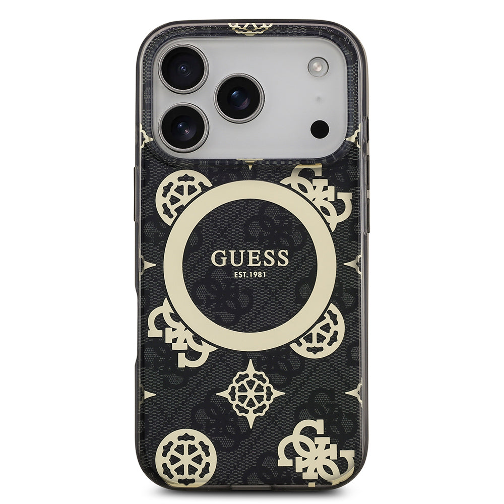 Apple iPhone 18 Pro Max Kılıf Guess Orjinal Lisanslı M-safe Şarj Özellikli IML Peony ve 4G Desenli Klasik Logolu Kapak Siyah