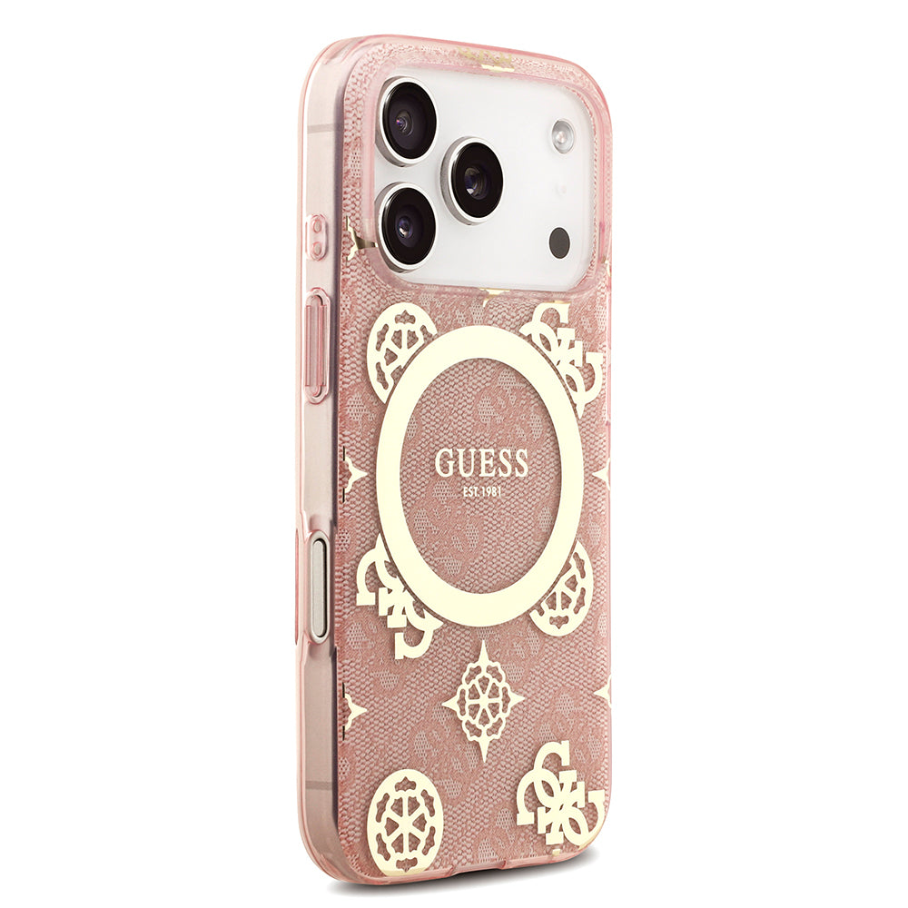 Apple iPhone 18 Pro Max Kılıf Guess Orjinal Lisanslı M-safe Şarj Özellikli IML Peony ve 4G Desenli Klasik Logolu Kapak Pembe