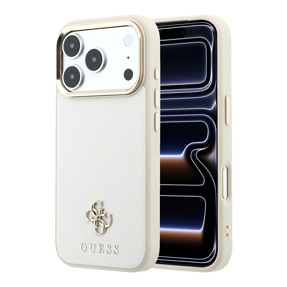 Apple iPhone 18 Pro Max Kılıf Guess Orjinal Lisanslı M-safe Şarj Özellikli Klasik Yazı ve 4G Logolu PU Deri Saffiano Kapak Bej