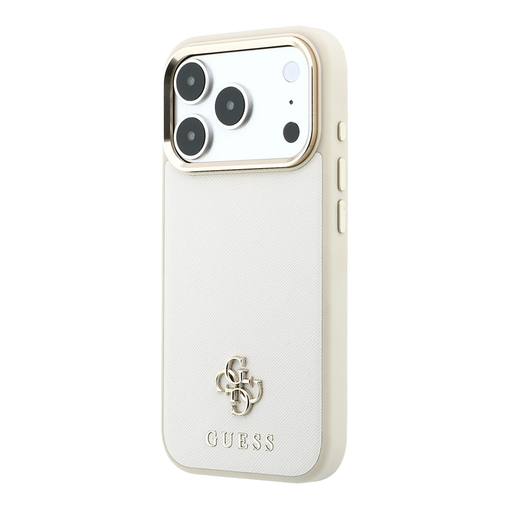 Apple iPhone 18 Pro Max Kılıf Guess Orjinal Lisanslı M-safe Şarj Özellikli Klasik Yazı ve 4G Logolu PU Deri Saffiano Kapak Bej