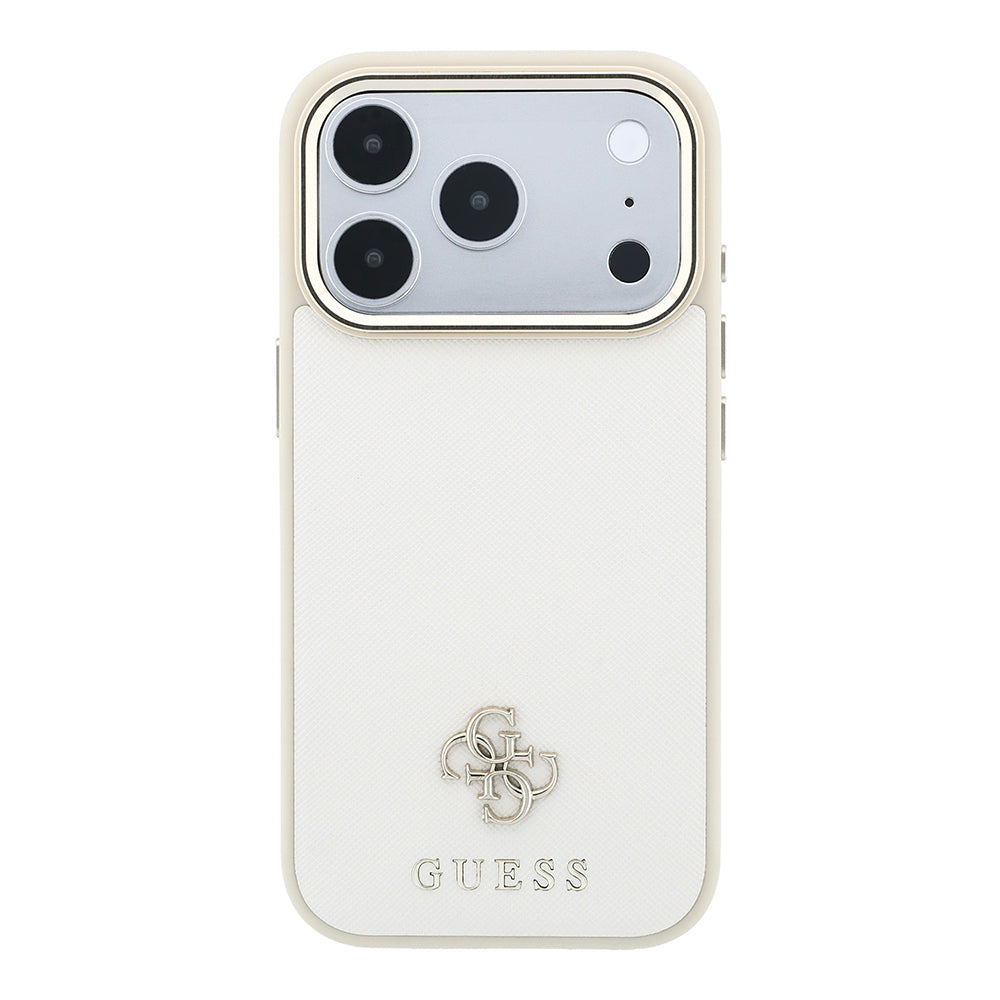 Apple iPhone 18 Pro Max Kılıf Guess Orjinal Lisanslı M-safe Şarj Özellikli Klasik Yazı ve 4G Logolu PU Deri Saffiano Kapak Bej