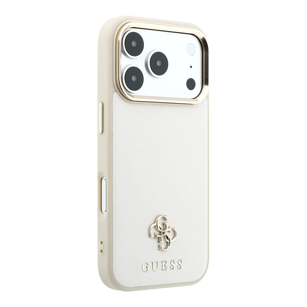 Apple iPhone 18 Pro Max Kılıf Guess Orjinal Lisanslı M-safe Şarj Özellikli Klasik Yazı ve 4G Logolu PU Deri Saffiano Kapak Bej