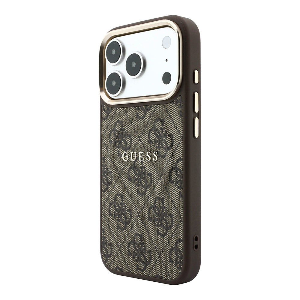 Apple iPhone 18 Pro Max Kılıf Guess Orjinal Lisanslı M-safe Şarj Özellikli Metal Kamera Çerçeveli C-Magnet 4G Desenli Yazı Logolu Kapak Kahverengi