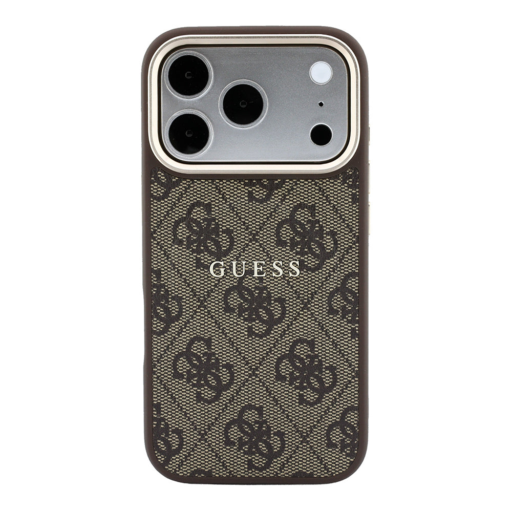 Apple iPhone 18 Pro Max Kılıf Guess Orjinal Lisanslı M-safe Şarj Özellikli Metal Kamera Çerçeveli C-Magnet 4G Desenli Yazı Logolu Kapak Kahverengi