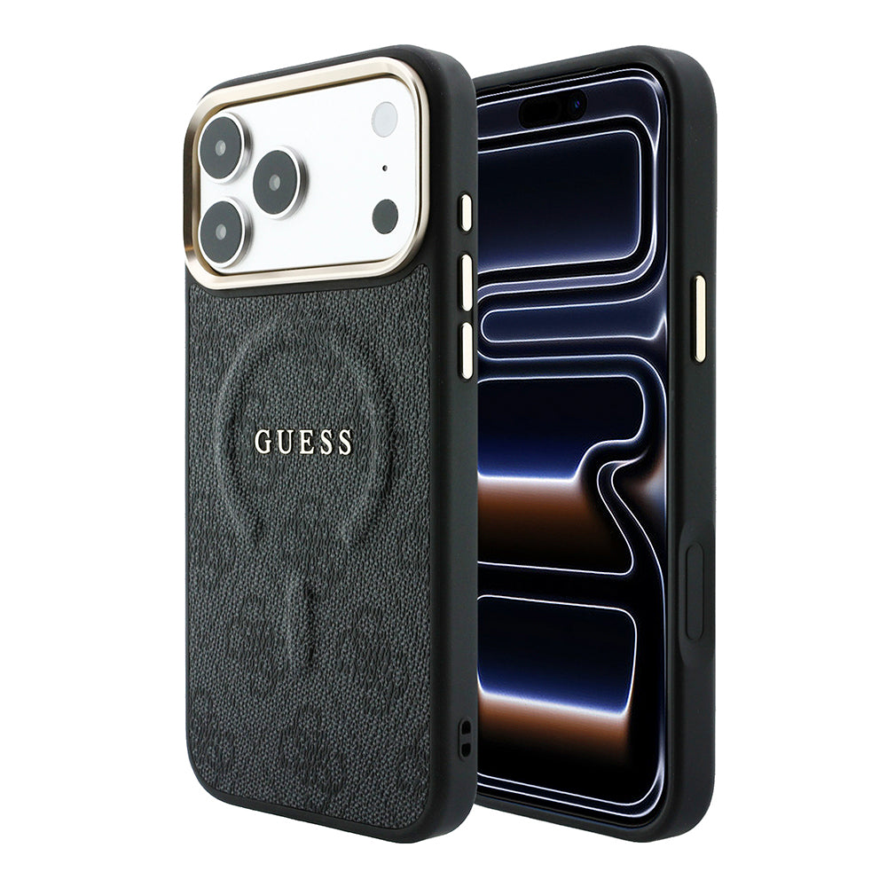 Apple iPhone 18 Pro Max Kılıf Guess Orjinal Lisanslı M-safe Şarj Özellikli Metal Kamera Çerçeveli C-Magnet 4G Desenli Yazı Logolu Kapak Siyah