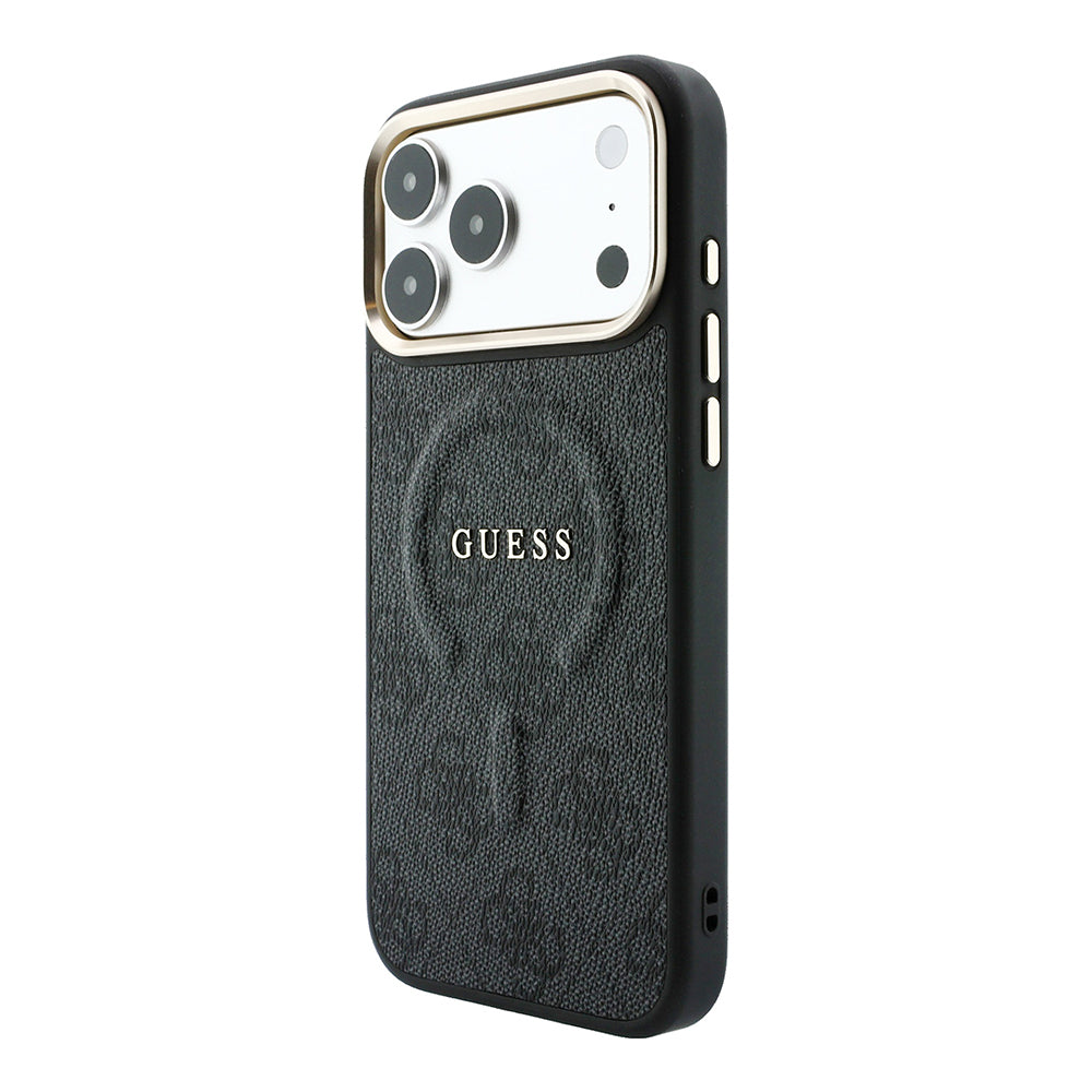 Apple iPhone 18 Pro Max Kılıf Guess Orjinal Lisanslı M-safe Şarj Özellikli Metal Kamera Çerçeveli C-Magnet 4G Desenli Yazı Logolu Kapak Siyah