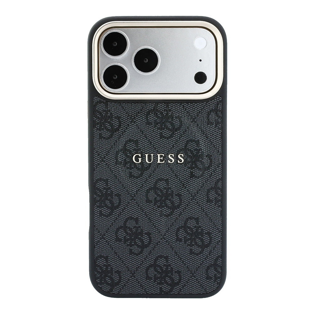 Apple iPhone 18 Pro Max Kılıf Guess Orjinal Lisanslı M-safe Şarj Özellikli Metal Kamera Çerçeveli C-Magnet 4G Desenli Yazı Logolu Kapak Siyah