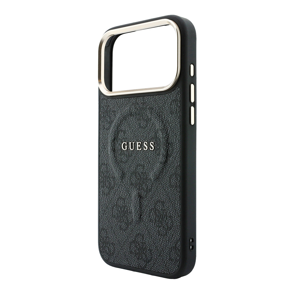 Apple iPhone 18 Pro Max Kılıf Guess Orjinal Lisanslı M-safe Şarj Özellikli Metal Kamera Çerçeveli C-Magnet 4G Desenli Yazı Logolu Kapak Siyah