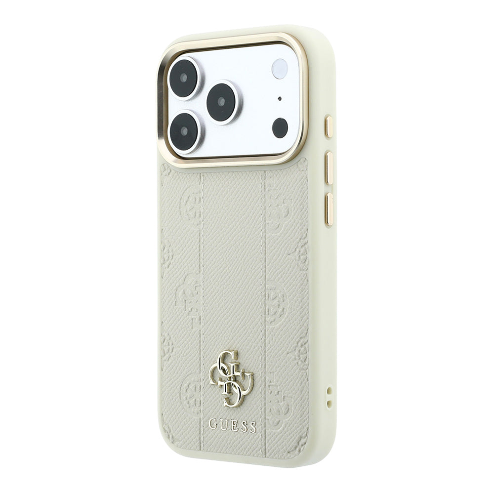 Apple iPhone 18 Pro Max Kılıf Guess Orjinal Lisanslı M-safe Şarj Özellikli Şeritli Peony 4G ve Yazı Logolu Kapak Bej