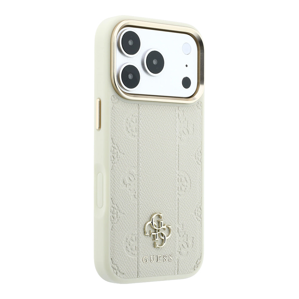 Apple iPhone 18 Pro Max Kılıf Guess Orjinal Lisanslı M-safe Şarj Özellikli Şeritli Peony 4G ve Yazı Logolu Kapak Bej