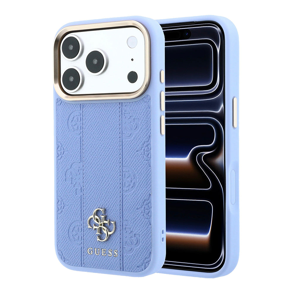 Apple iPhone 18 Pro Max Kılıf Guess Orjinal Lisanslı M-safe Şarj Özellikli Şeritli Peony 4G ve Yazı Logolu Kapak Açık Mavi