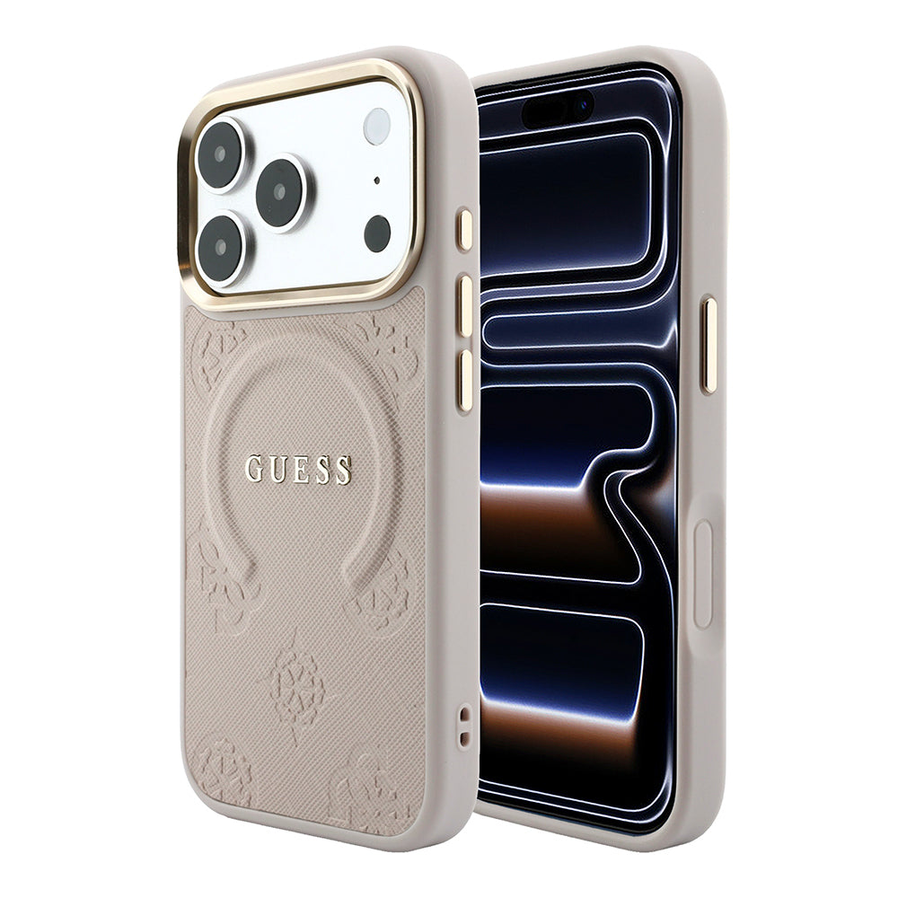 Apple iPhone 18 Pro Max Kılıf Guess Orjinal Lisanslı M-safe Şarj Özellikli Sıcak Baskılı Yazı Logolu C-Magnet PU Deri Peony Kapak Pembe
