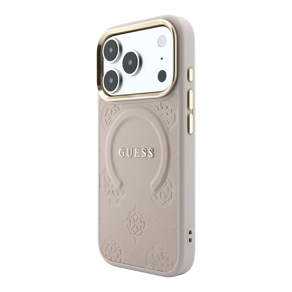 Apple iPhone 18 Pro Max Kılıf Guess Orjinal Lisanslı M-safe Şarj Özellikli Sıcak Baskılı Yazı Logolu C-Magnet PU Deri Peony Kapak Pembe