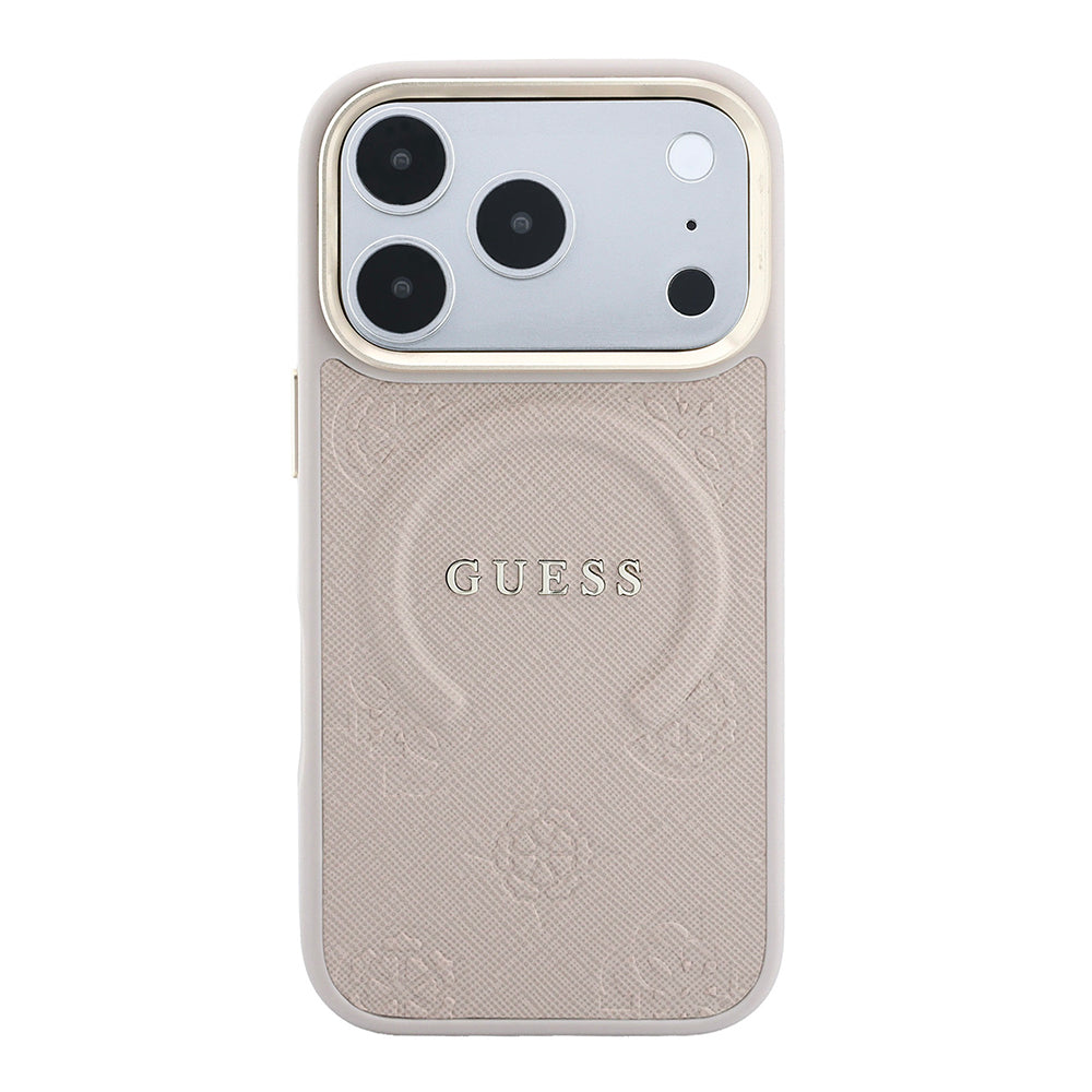 Apple iPhone 18 Pro Max Kılıf Guess Orjinal Lisanslı M-safe Şarj Özellikli Sıcak Baskılı Yazı Logolu C-Magnet PU Deri Peony Kapak Pembe