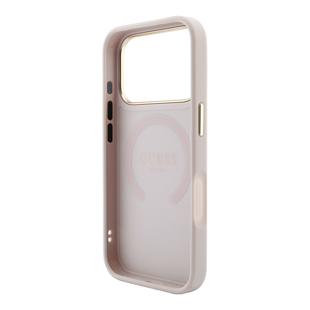 Apple iPhone 18 Pro Max Kılıf Guess Orjinal Lisanslı M-safe Şarj Özellikli Sıcak Baskılı Yazı Logolu C-Magnet PU Deri Peony Kapak Pembe
