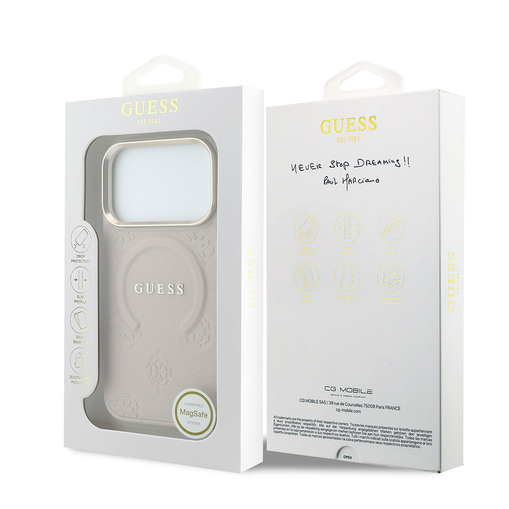 Apple iPhone 18 Pro Max Kılıf Guess Orjinal Lisanslı M-safe Şarj Özellikli Sıcak Baskılı Yazı Logolu C-Magnet PU Deri Peony Kapak Pembe
