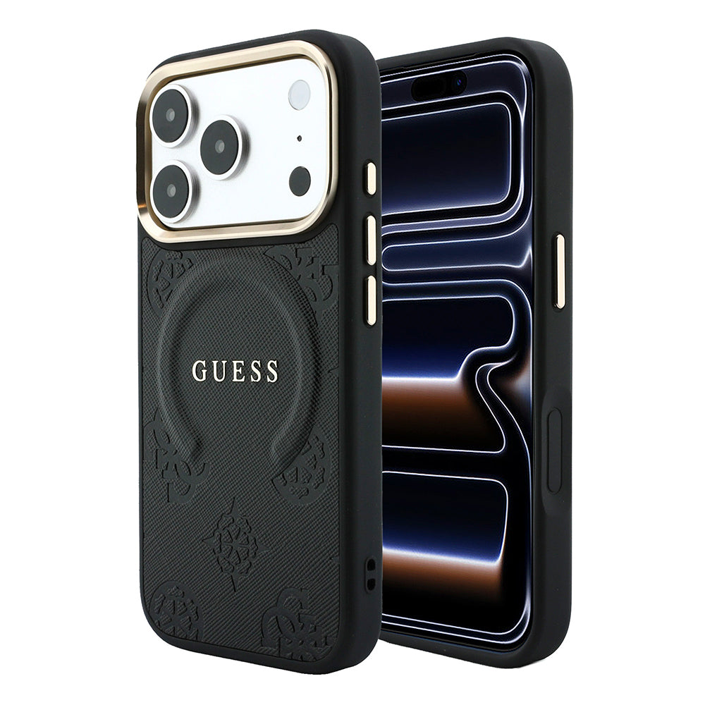 Apple iPhone 18 Pro Max Kılıf Guess Orjinal Lisanslı M-safe Şarj Özellikli Sıcak Baskılı Yazı Logolu C-Magnet PU Deri Peony Kapak Siyah