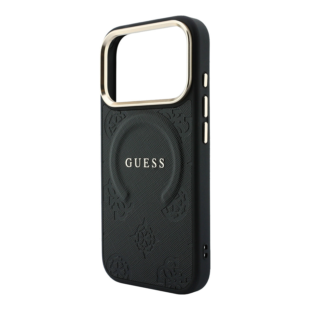 Apple iPhone 18 Pro Max Kılıf Guess Orjinal Lisanslı M-safe Şarj Özellikli Sıcak Baskılı Yazı Logolu C-Magnet PU Deri Peony Kapak Siyah