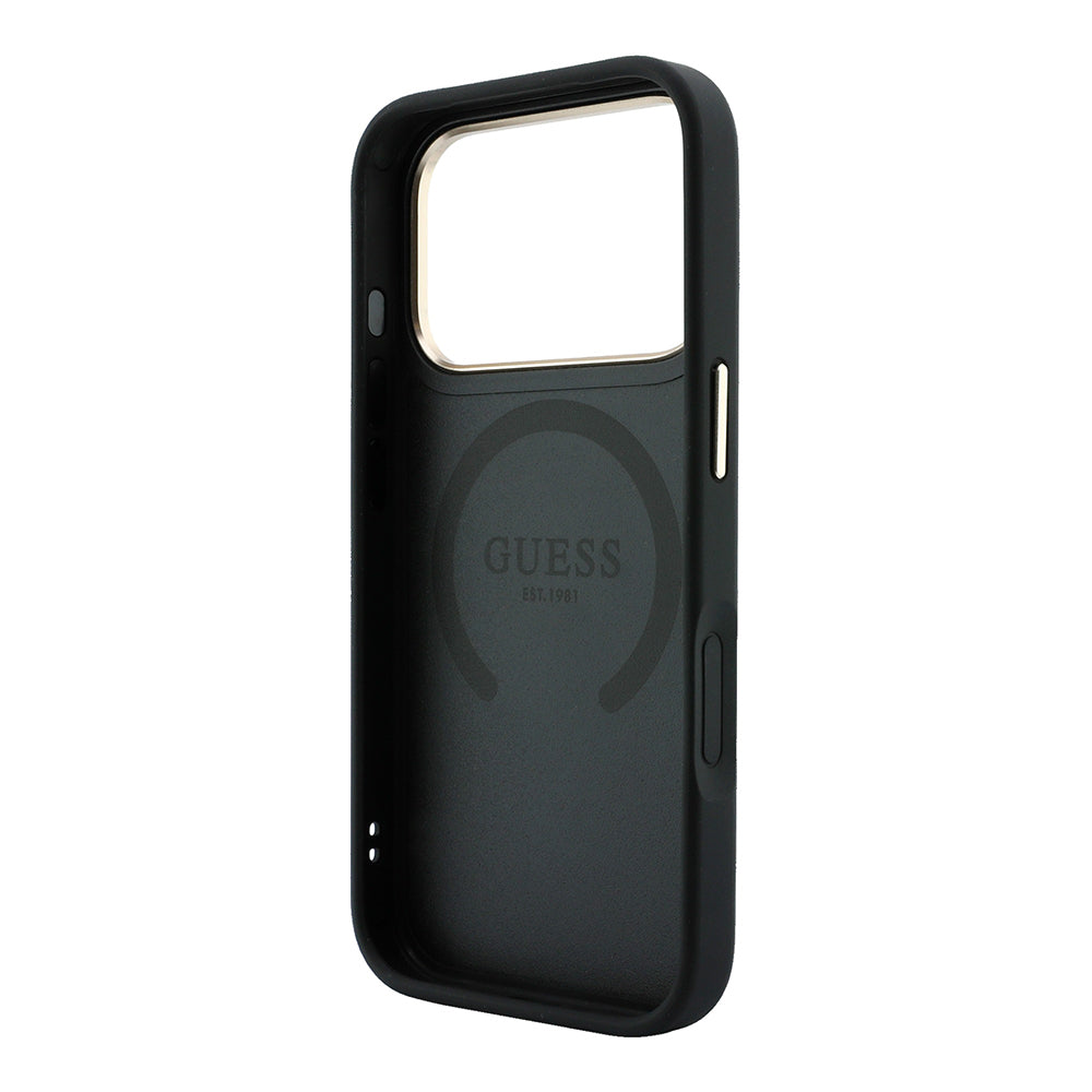 Apple iPhone 18 Pro Max Kılıf Guess Orjinal Lisanslı M-safe Şarj Özellikli Sıcak Baskılı Yazı Logolu C-Magnet PU Deri Peony Kapak Siyah