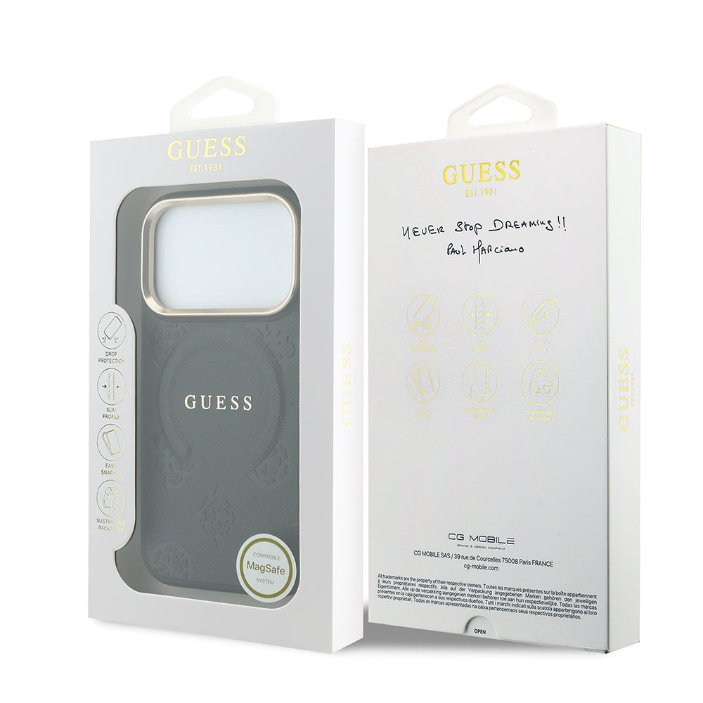 Apple iPhone 18 Pro Max Kılıf Guess Orjinal Lisanslı M-safe Şarj Özellikli Sıcak Baskılı Yazı Logolu C-Magnet PU Deri Peony Kapak Siyah