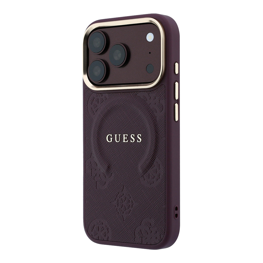 Apple iPhone 18 Pro Max Kılıf Guess Orjinal Lisanslı M-safe Şarj Özellikli Sıcak Baskılı Yazı Logolu C-Magnet PU Deri Peony Kapak Bordo