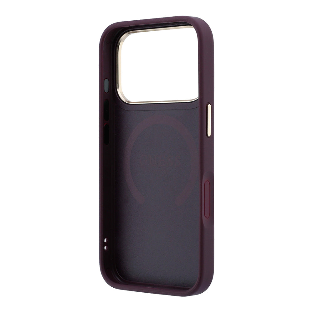 Apple iPhone 18 Pro Max Kılıf Guess Orjinal Lisanslı M-safe Şarj Özellikli Sıcak Baskılı Yazı Logolu C-Magnet PU Deri Peony Kapak Bordo