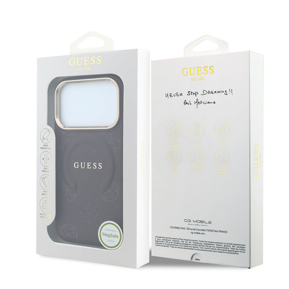 Apple iPhone 18 Pro Max Kılıf Guess Orjinal Lisanslı M-safe Şarj Özellikli Sıcak Baskılı Yazı Logolu C-Magnet PU Deri Peony Kapak Bordo