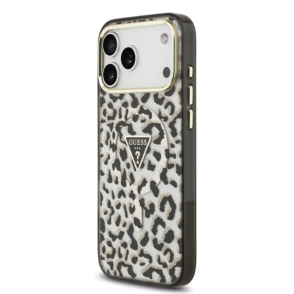 Apple iPhone 18 Pro Max Kılıf Guess Orjinal Lisanslı M-safe Şarj Özellikli Üçgen Logolu Simli Leopar Desenli Kapak Siyah