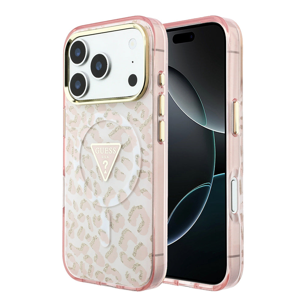 Apple iPhone 18 Pro Max Kılıf Guess Orjinal Lisanslı M-safe Şarj Özellikli Üçgen Logolu Simli Leopar Desenli Kapak Pembe