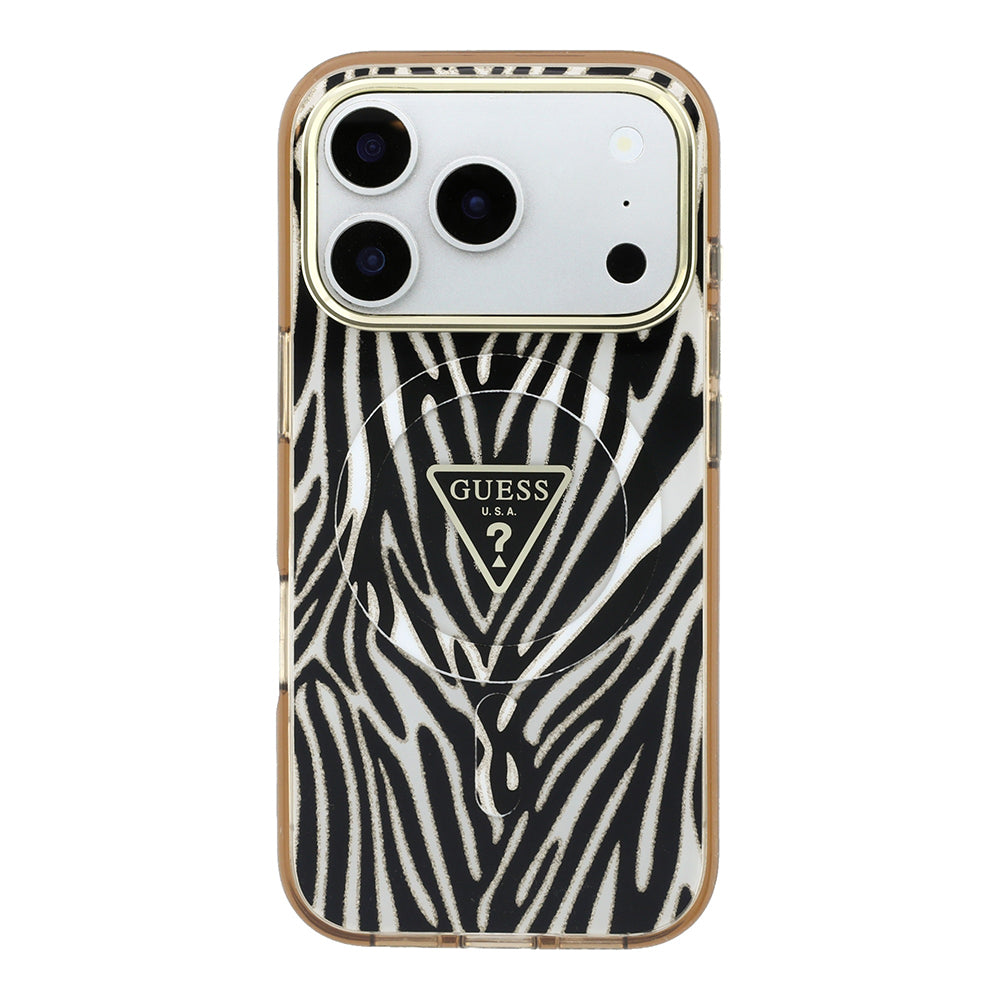 Apple iPhone 18 Pro Max Kılıf Guess Orjinal Lisanslı M-safe Şarj Özellikli Üçgen Logolu Zebra Desenli Silikon Kapak Gold