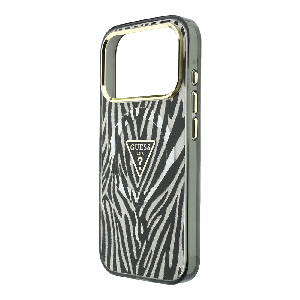 Apple iPhone 18 Pro Max Kılıf Guess Orjinal Lisanslı M-safe Şarj Özellikli Üçgen Logolu Zebra Desenli Silikon Kapak Gümüş
