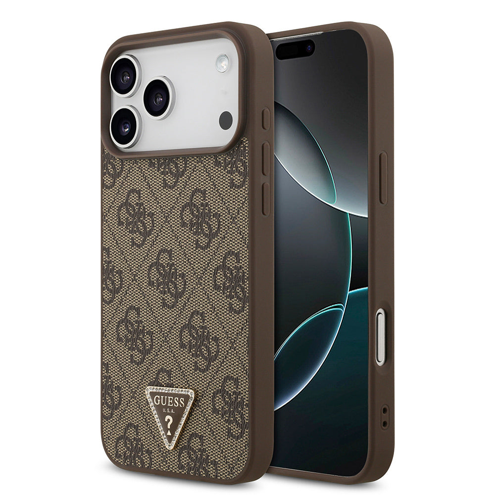 Apple iPhone 18 Pro Max Kılıf Guess Orjinal Lisanslı M-safe Şarj Özllikli PU Deri Taşlı Üçgen Logo 4G Desenli Strass Kapak Kahverengi