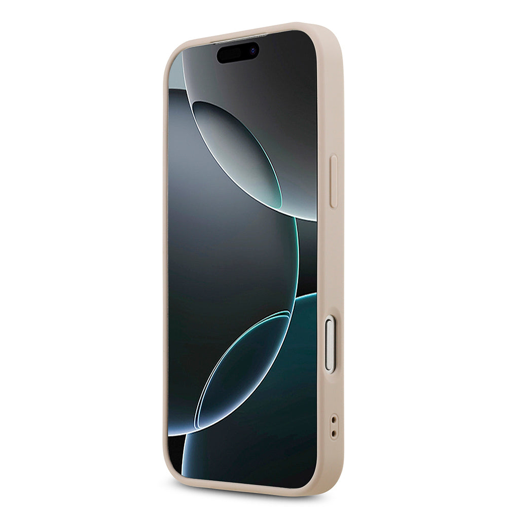 Apple iPhone 18 Pro Max Kılıf Guess Orjinal Lisanslı M-safe Şarj Özllikli PU Deri Taşlı Üçgen Logo 4G Desenli Strass Kapak Pembe