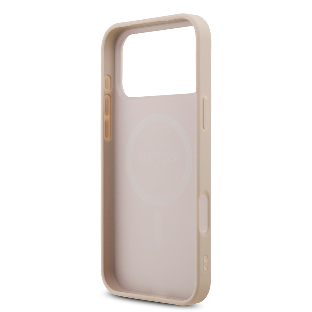 Apple iPhone 18 Pro Max Kılıf Guess Orjinal Lisanslı M-safe Şarj Özllikli PU Deri Taşlı Üçgen Logo 4G Desenli Strass Kapak Pembe