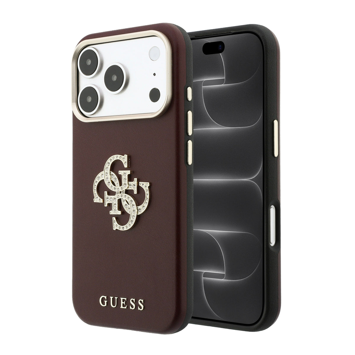 Apple iPhone 18 Pro Max Kılıf Guess Orjinal Lisanslı Metal Kamera Çerçeveli 4G Büyük Taşlı Resin Logolu PU Kapak Bordo