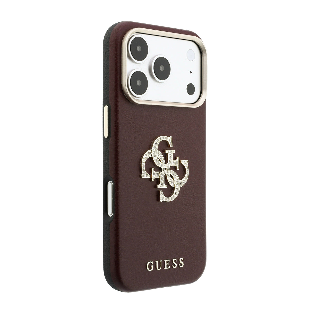 Apple iPhone 18 Pro Max Kılıf Guess Orjinal Lisanslı Metal Kamera Çerçeveli 4G Büyük Taşlı Resin Logolu PU Kapak Bordo