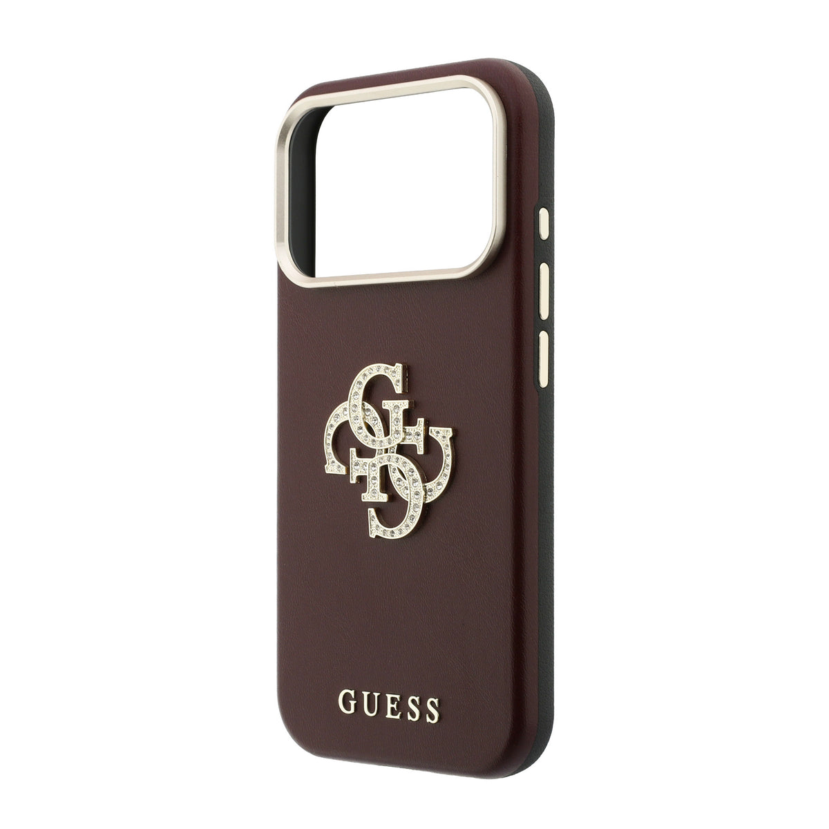 Apple iPhone 18 Pro Max Kılıf Guess Orjinal Lisanslı Metal Kamera Çerçeveli 4G Büyük Taşlı Resin Logolu PU Kapak Bordo