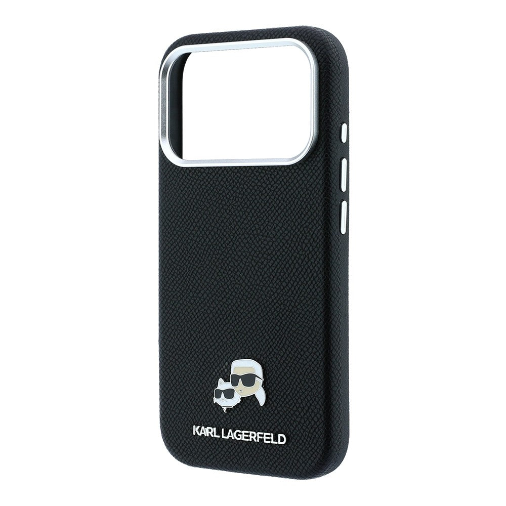 Apple iPhone 18 Pro Max Kılıf Karl Lagerfeld Orjinal Lisanslı M-Safe Şarj Özellikli K&C Heads Metal Logolu PU Kapak Siyah