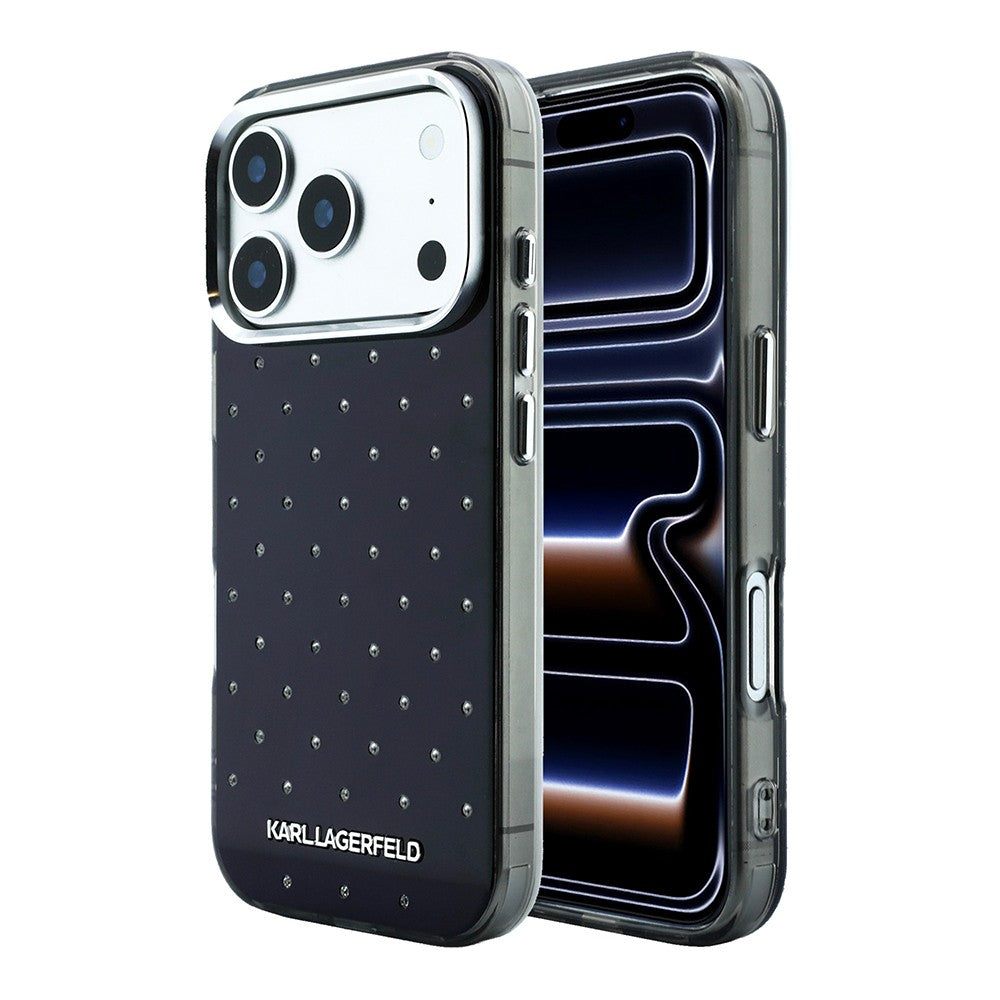 Apple iPhone 18 Pro Max Kılıf Karl Lagerfeld Orjinal Lisanslı Taşlı Elektro Kaplama Metal Logolu Kapak Siyah