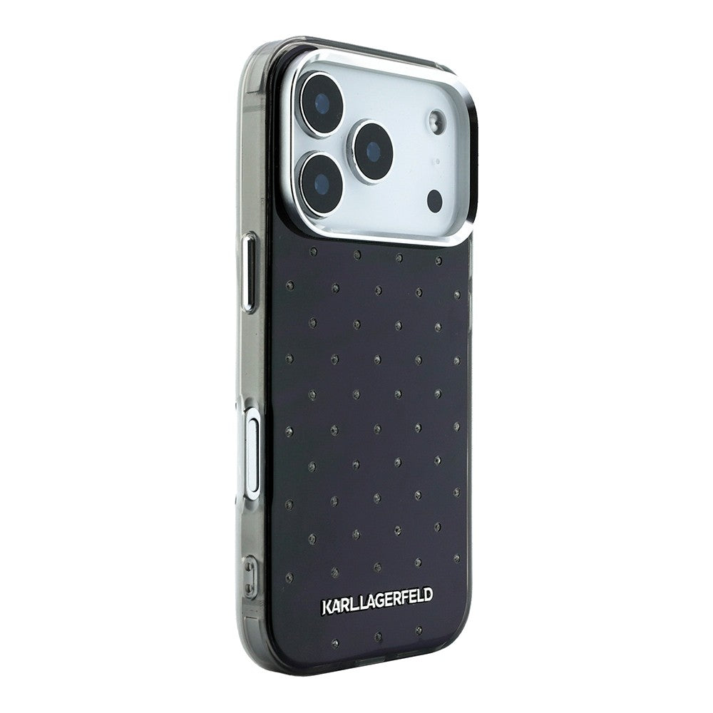 Apple iPhone 18 Pro Max Kılıf Karl Lagerfeld Orjinal Lisanslı Taşlı Elektro Kaplama Metal Logolu Kapak Siyah