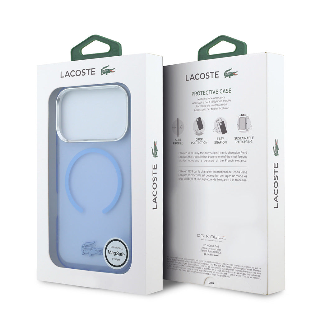Apple iPhone 18 Pro Max Kılıf Lacoste Orjinal Lisanslı M-safe C-Magnet İkonik Timsah Logolu IML Frosted Kapak Açık Mavi