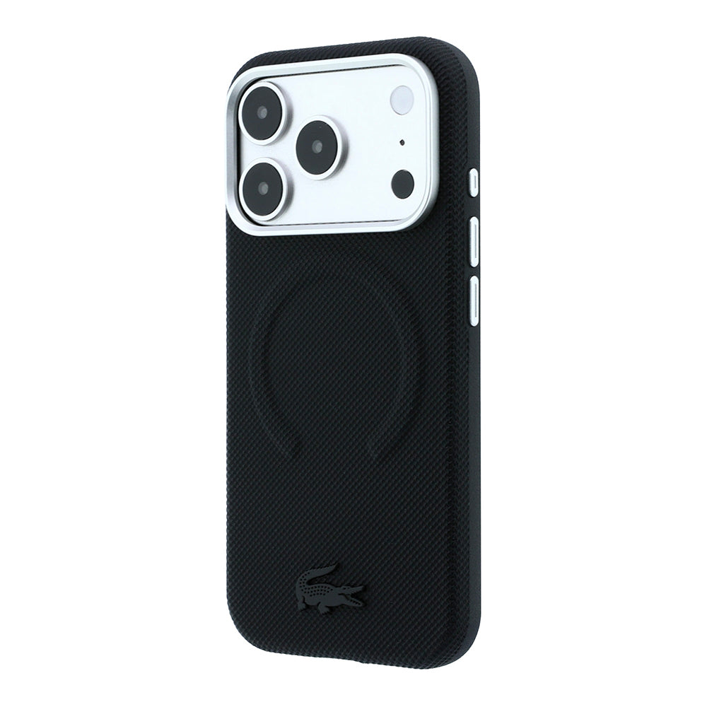 Apple iPhone 18 Pro Max Kılıf Lacoste Orjinal Lisanslı M-safe Şarj Özellikli Halka Tasarımlı Petit Pike Metal Logolu Kapak Siyah