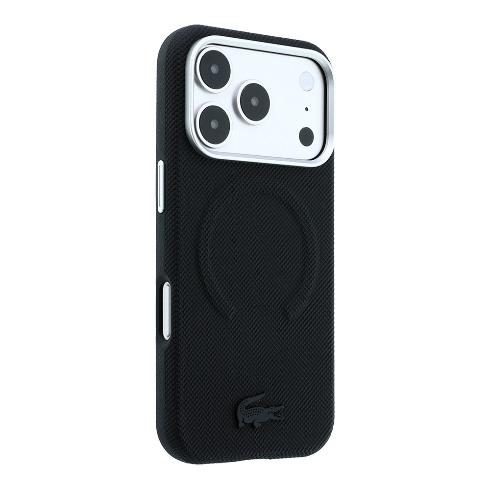 Apple iPhone 18 Pro Max Kılıf Lacoste Orjinal Lisanslı M-safe Şarj Özellikli Halka Tasarımlı Petit Pike Metal Logolu Kapak Siyah