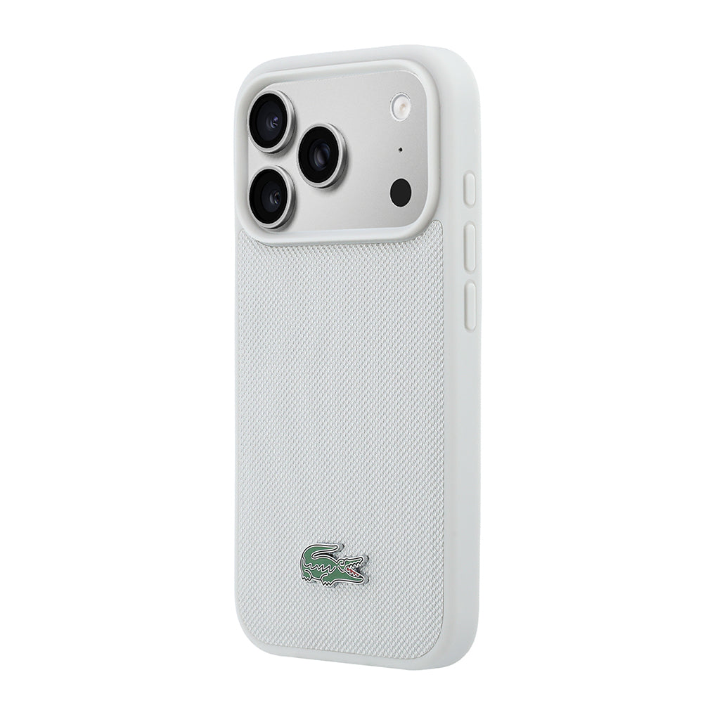 Apple iPhone 18 Pro Max Kılıf Lacoste Orjinal Lisanslı M-safe Şarj Özellikli PU Pike Desenli Metal Logolu Kapak Gri