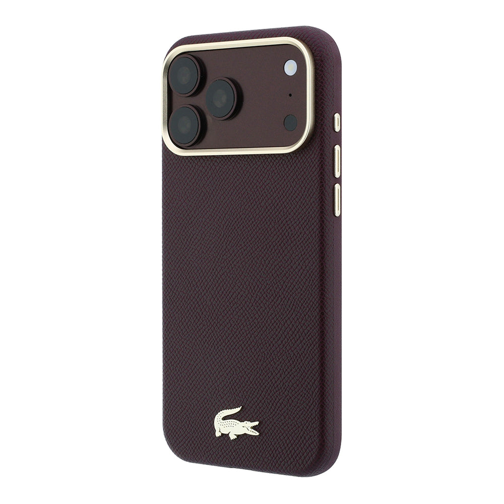 Apple iPhone 18 Pro Max Kılıf Lacoste Orjinal Lisanslı M-Safe Şarj Özellikli PVC Yarı Pike Desenli Arka Yüzey İkonik Timsah Dokuma Logolu Kapak Bordo