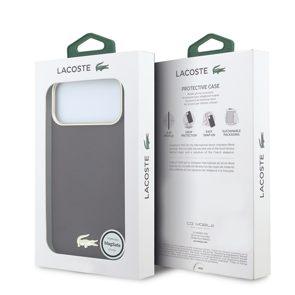 Apple iPhone 18 Pro Max Kılıf Lacoste Orjinal Lisanslı M-Safe Şarj Özellikli PVC Yarı Pike Desenli Arka Yüzey İkonik Timsah Dokuma Logolu Kapak Bordo