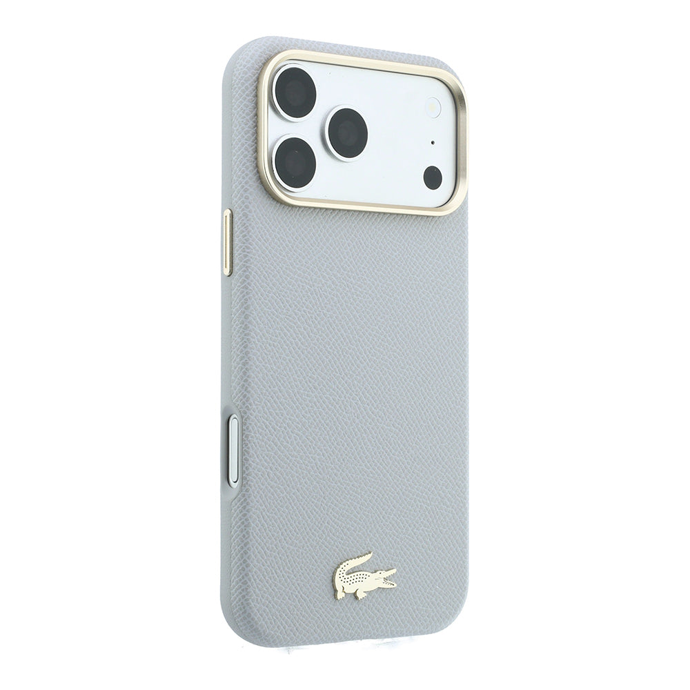 Apple iPhone 18 Pro Max Kılıf Lacoste Orjinal Lisanslı M-Safe Şarj Özellikli PVC Yarı Pike Desenli Arka Yüzey İkonik Timsah Dokuma Logolu Kapak Açık Gri
