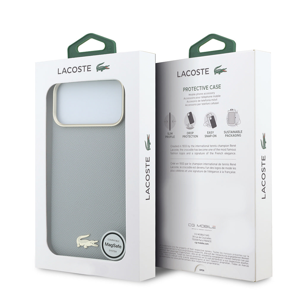 Apple iPhone 18 Pro Max Kılıf Lacoste Orjinal Lisanslı M-Safe Şarj Özellikli PVC Yarı Pike Desenli Arka Yüzey İkonik Timsah Dokuma Logolu Kapak Açık Gri